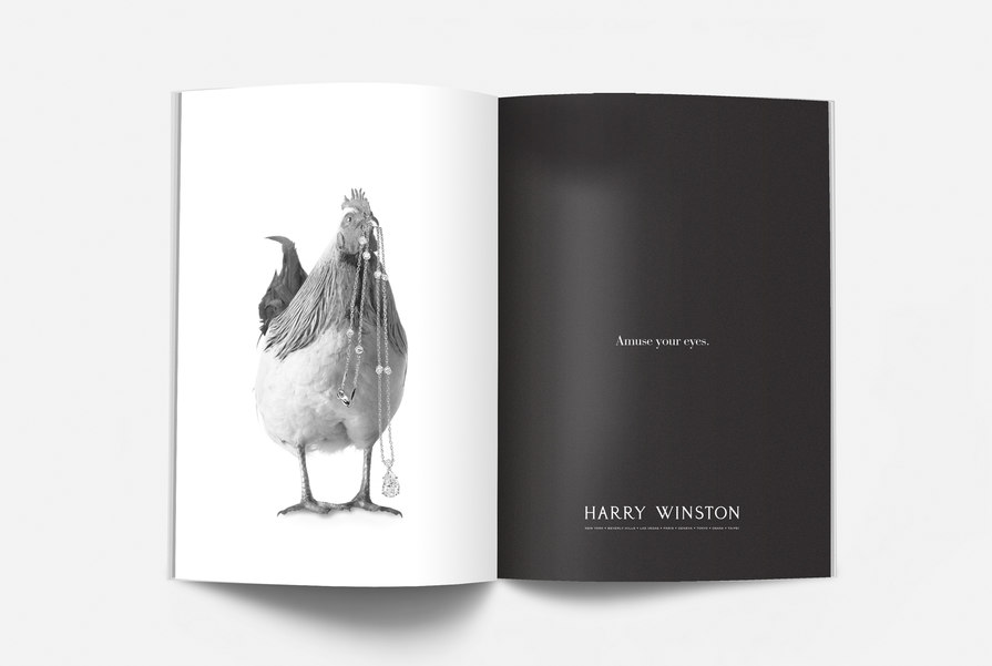 chicken with diamond necklace ad spread – Harry Winston – point one percent