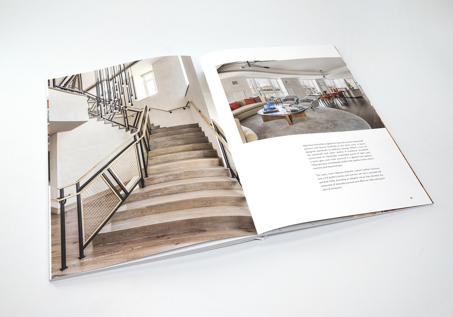 living room and staircase brochure spread – Lovejoy Wharf – point one percent