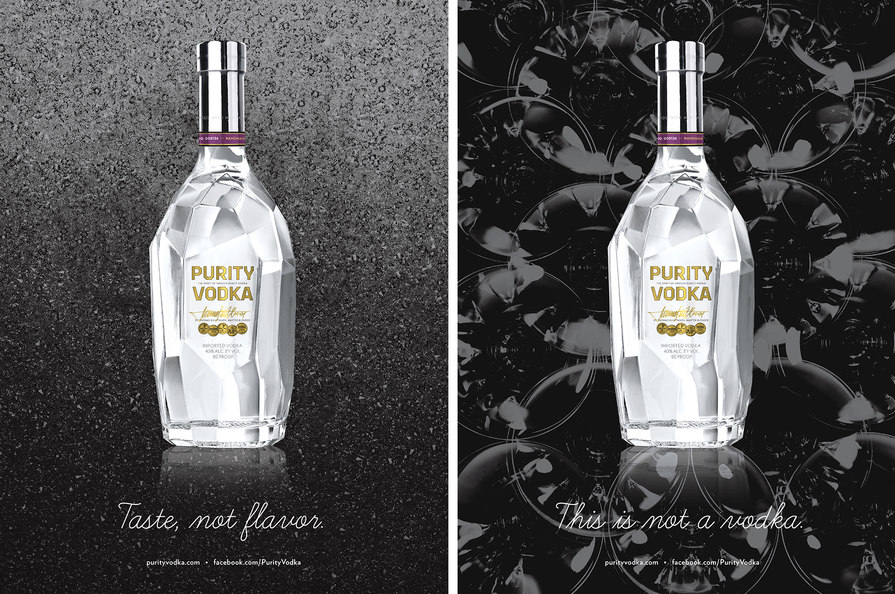 glass bottle of vodka magazine spread – Purity Vodka – point one percent