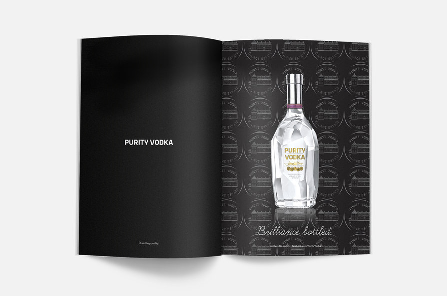 glass bottle of vodka magazine spread – Purity Vodka – point one percent