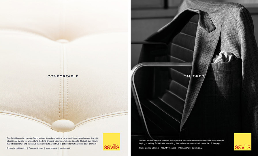 ad campaign in magazine with white leather couch and suit jacket on chair – Savills – point one percent