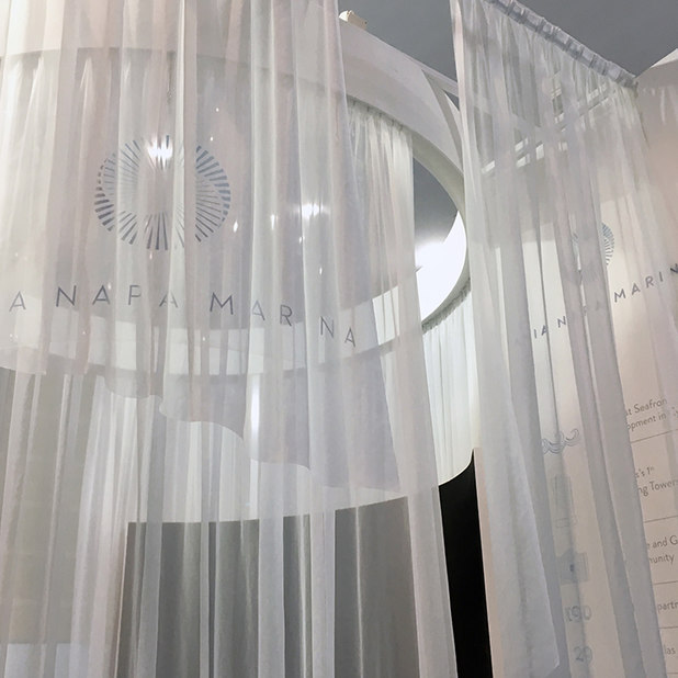 Cityscape Booth booth curtain detail – Ayia Napa Marina – Point One Percent