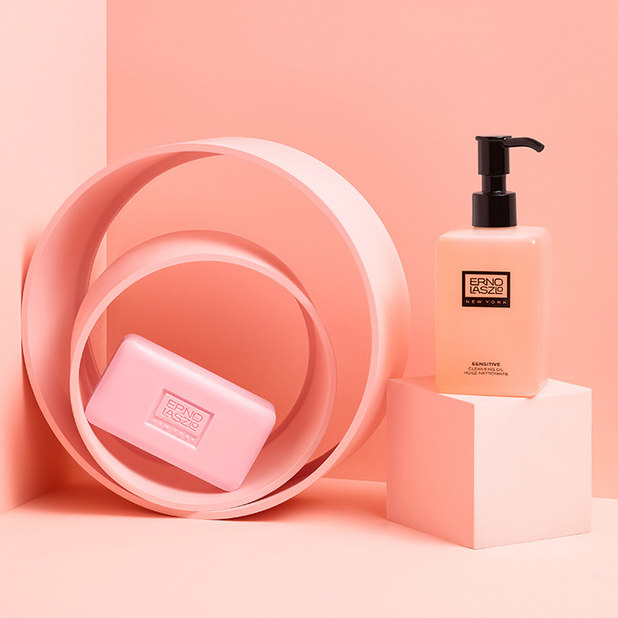 Pink soap and oil stacked on blocks – Erno Laszlo – Point one percent 