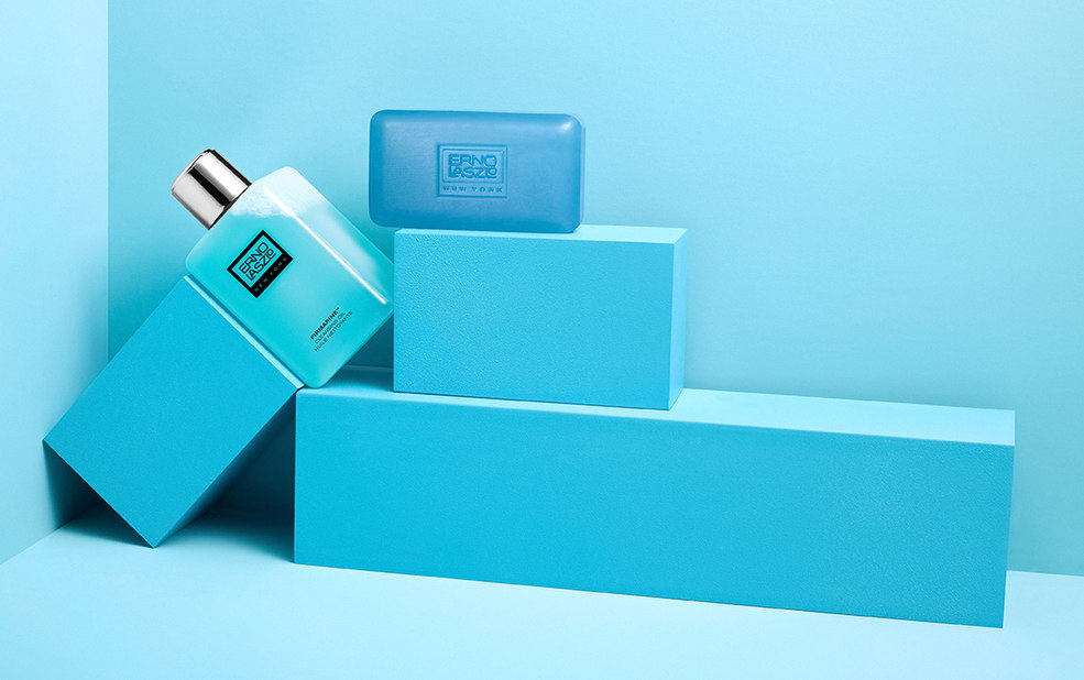 Blue soap and oil stacked on blocks – Erno Laszlo – Point one percent