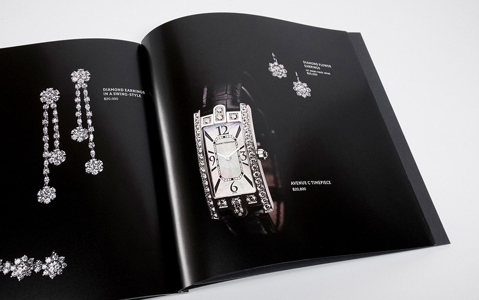 diamond watch and diamond earring magazine spread – Harry Winston – point one percent