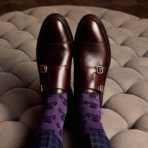 brown leather loafers with purple skull and cross bone socks – New & Lingwood – point one percent 