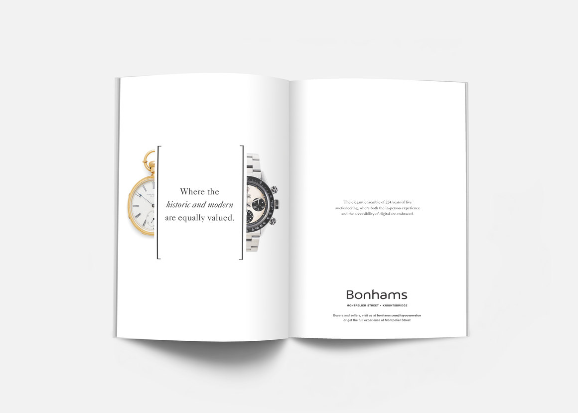 magazine ad spread old and new watches –Bonhams – Point One Percent