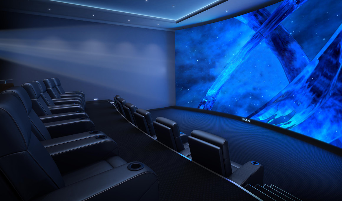 high end private movie theater with blue screen – IMAX Private Theatre – point one percent